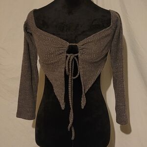 SHEIN Off-the-Shoulder, Tie Front,  Ribbed Sweater - Dark Heather Gray, Large